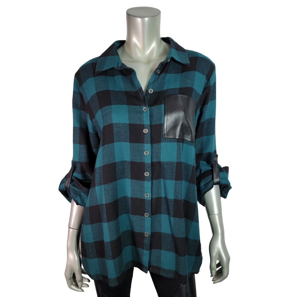 Soft Surroundings Top Medium Petite Flannel Faux Leather Accents Pocket Green‎